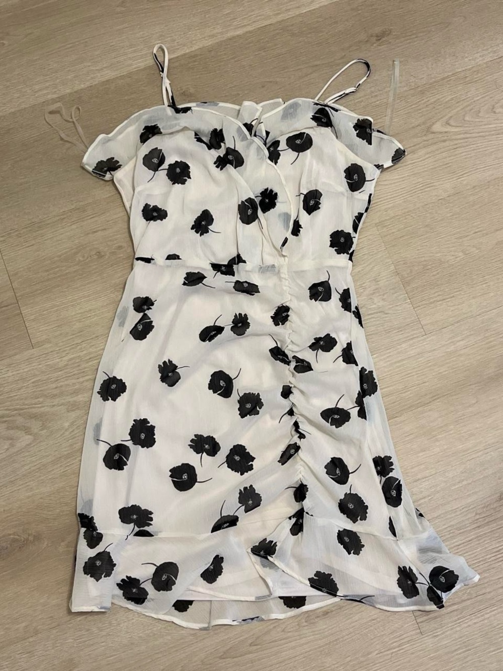 White & Black Floral Ruffle Dress